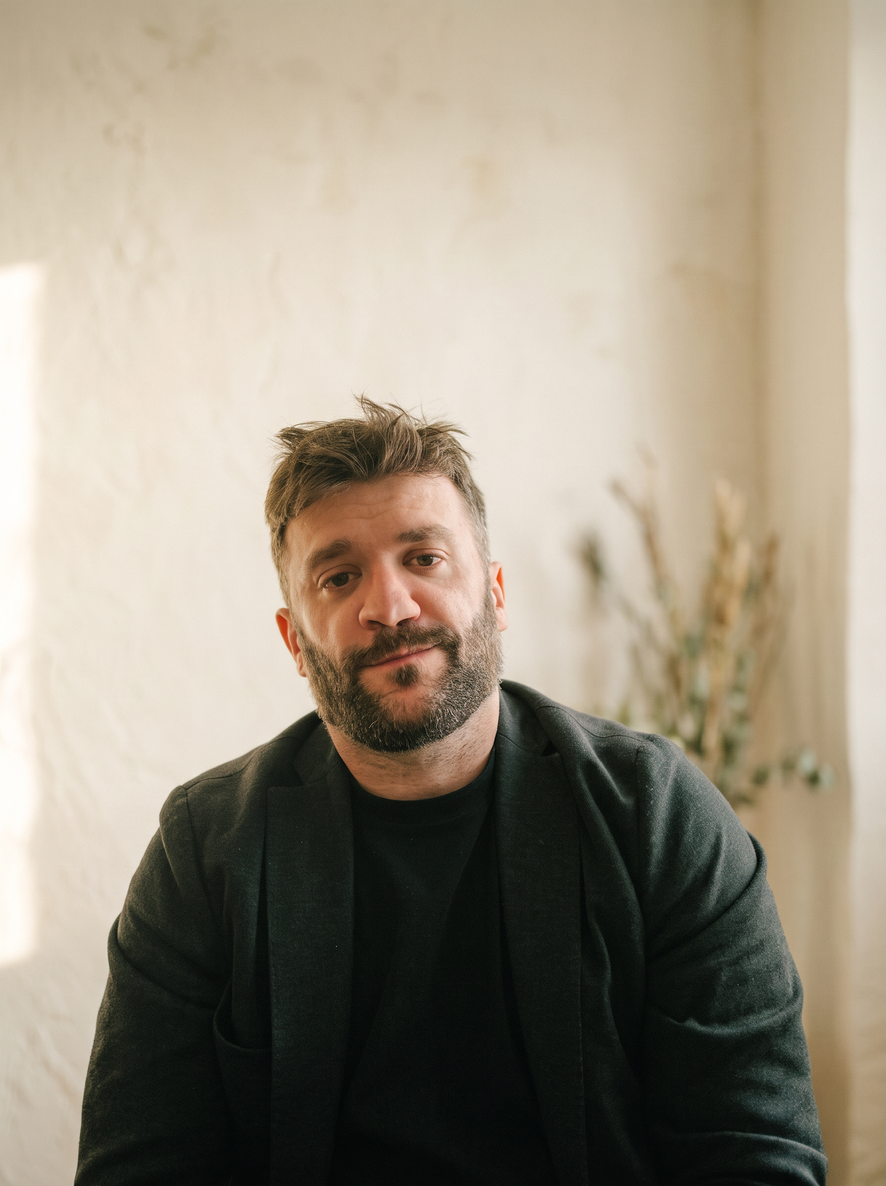 Moritz, der Mensch hinter Unsichtbar Stark, vor einer warmen hellen Wand